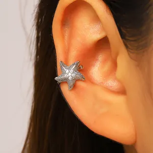 Ocean style silver starfish ear cuff with pavé zircon stones for non-pierced ears