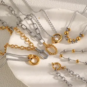 Collier Bicolore en Acier Inoxydable pour Femmes Plqué Or 18K Chaîne Géométrique Collier Bijoux Minimalistes en Perles Artificielles