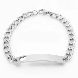 Stainless steel Cuban link bracelet with heart cut-out engravable curved ID plate