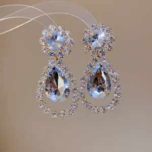 Detailansicht luxuriöser Silberohrringe mit Tropfenkristallen und Blumensteckern.
