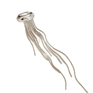 Elegant silver stainless steel tassel ear cuff with long chain drapes for non-pierced ears
