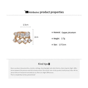 Detail view of 18k gold plated ear cuff featuring sparkling zircon tassels and dimensions