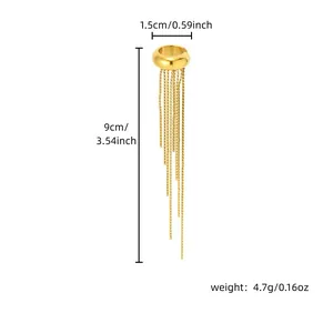 Detailed view of a gold-toned stainless steel tassel ear cuff with size measurements.