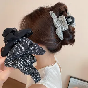 Pinza de Pelo de Nube Plisada Retro Francesa con Lunares Clip de Tiburón de Acrílico Envuelto en Tela Grande para Mujer Accesorios de Cabello Elegantes