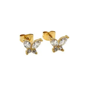 Elegant 14K gold plated butterfly stud earrings with sparkling cubic zirconia stones