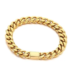 Polished gold Cuban chain bracelet with secure fold-over clasp for men and women