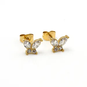 Close-up of 14K gold plated butterfly stud earrings with sparkling cubic zirconia stones