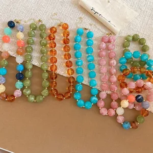 Vibrant acrylic round beaded necklace and bracelet set with dopamine colors for summer
