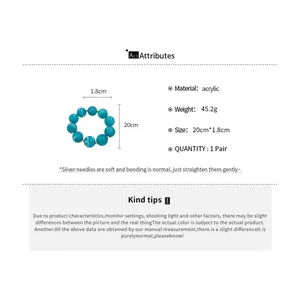 Detail view of blue acrylic beaded jewelry with technical specifications and dimensions