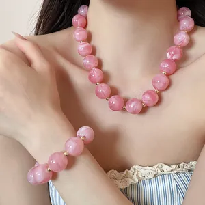 Stylish pink marble acrylic beaded necklace and bracelet jewelry set for summer