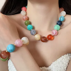 Detailed view of dopamine-style colorful acrylic bead necklace and bracelet set