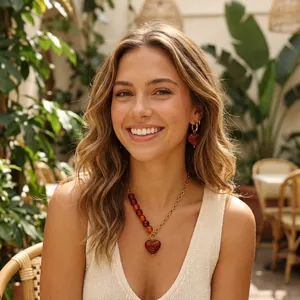 Close-up of vintage acrylic spiral heart necklace and earrings set on a smiling model