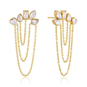 Luxury titanium steel tassel earrings with heart and pear zircon stones in gold finish