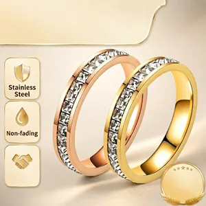 Elegant stainless steel eternity ring with square cubic zirconia stones in rose gold finish.