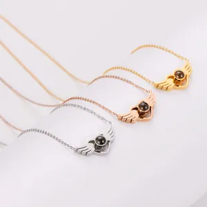 Stainless Steel 18K Gold Plated Angel Wing Heart Projection Necklace 100 Languages I Love You Pendant Jewelry For Women