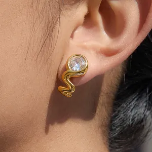 Elegant gold-plated titanium steel wavy earrings with round sparkling zircon stone.