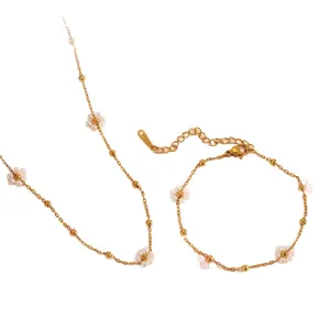 Elegant titanium steel floral necklace and bracelet jewelry set with pink white beads