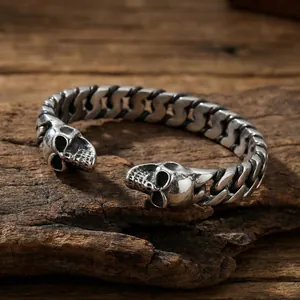 Vintage gothic stainless steel men's cuff bracelet with double skull heads and cuban link