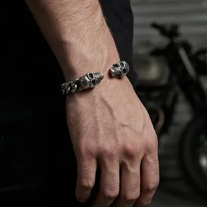 Vintage stainless steel skull cuff bracelet for men featuring a retro silver finish