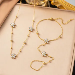 Juego de Joyas de Estilo Coreano de Acero de Titanio con Flor de Diamante de Imitación Collar Pulsera Pendientes para Mujer