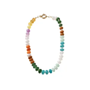 Bohemian colorful acrylic beaded necklace featuring a gold-toned spring ring clasp