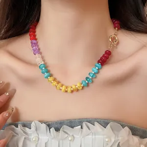 Close-up detail view of a vibrant rainbow acrylic bead necklace on an Asian model