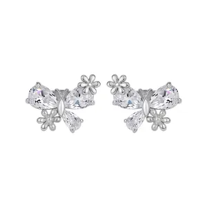 Elegant silver butterfly ear clips with sparkling pear-shaped zirconia stones for women.