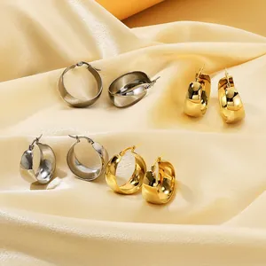 Vintage Nische Breites Gesicht Hoop Ohrringe Für Damen Edelstahl Post Messing Plated 18K Echt Gold Einfache Geometrische Runde Kreis Ohrringe Sweet Cool Stil Schmuck