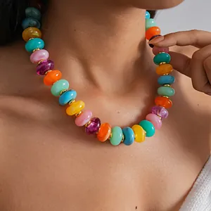 Detailed close-up showing a colorful marbled acrylic beaded necklace worn on a model's neck