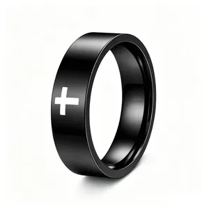 Detailed close-up showing the white cross pattern on a black stainless steel ring band