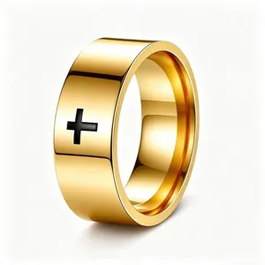 Macro detail of a high-quality gold stainless steel ring with a minimalist black cross.