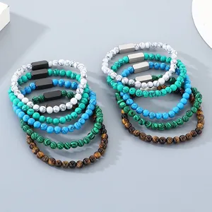 Vintage Edelstahl Gravierbares Quadrat Perlenarmband Natürlicher Tigerauge Lavastein Türkis Achat Perlenarmband Für Unisex