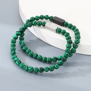 Grünes Malachit-Muster Perlenarmband mit Edelstahlelementen für Damen und Herren
