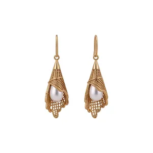Elegant gold hollow lace earrings with drop pearls, minimalist jewelry for women