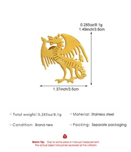 Detailed view of a golden fantasy dragon brooch in stainless steel with dimension specs