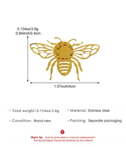 Detailed dimensions and material specifications of the golden stainless steel bee brooch pin