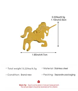 Gold unicorn brooch showing dimensions of 1.85x1.10 inches and weight of 6.5 grams