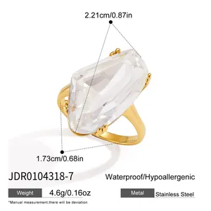 Detailed view of a gold-plated stainless steel geometric glass ring with full dimensions.