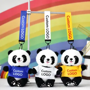 Three cute panda plush keychains wearing colorful t-shirts for gift customization