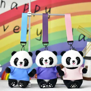 Three cute panda plush keychains wearing blue, purple, and pink shirts