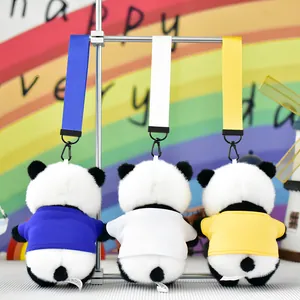 Cute panda plush keychains with colorful shirts and matching lanyards for backpacks