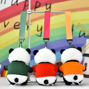 Back view of cute dressed panda plush keychain pendants in various colors