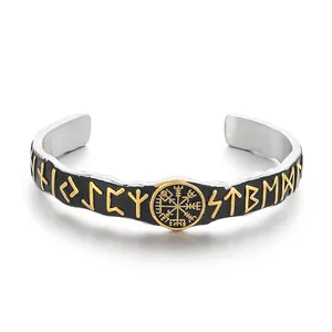 Viking rune stainless steel cuff bracelet with golden Vegvisir compass symbol