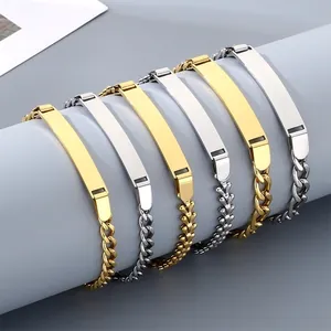 Minimalistische Roestvrijstalen DIY Graveerbare Gebogen Bar Armband Figaro Cubaanse Ketting Link Gepersonaliseerde Sieraden Cadeau Unisex