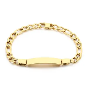 Gepolijste gouden Figaro kettingarmband met graveerbare gebogen plaat voor DIY-ontwerp