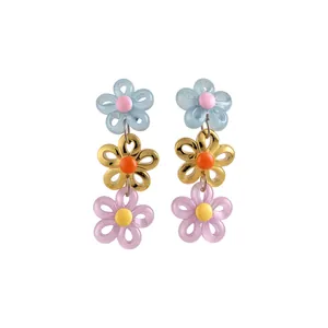 Colorful triple flower drop earrings in dopamine style for summer beach vacations.