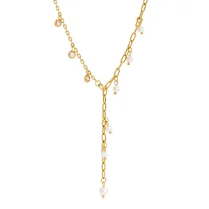 Elegante collana a Y in acciaio inossidabile placcato oro 18k con perle e cristalli