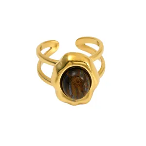 14K gold plated stainless steel open ring with natural oval tiger eye stone in wavy bezel