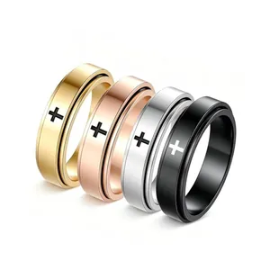 Unisex Rotatable Stainless Steel Cross Spinner Ring Personalized Couple Stress Relief Band Ring Fashion Religious Jewelry