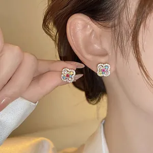14k Gold Plated Flower Stud Earrings With Zirconia Inlay Luxury Clover Floral Earrings With Silver Earring Post Jewelry For Women
